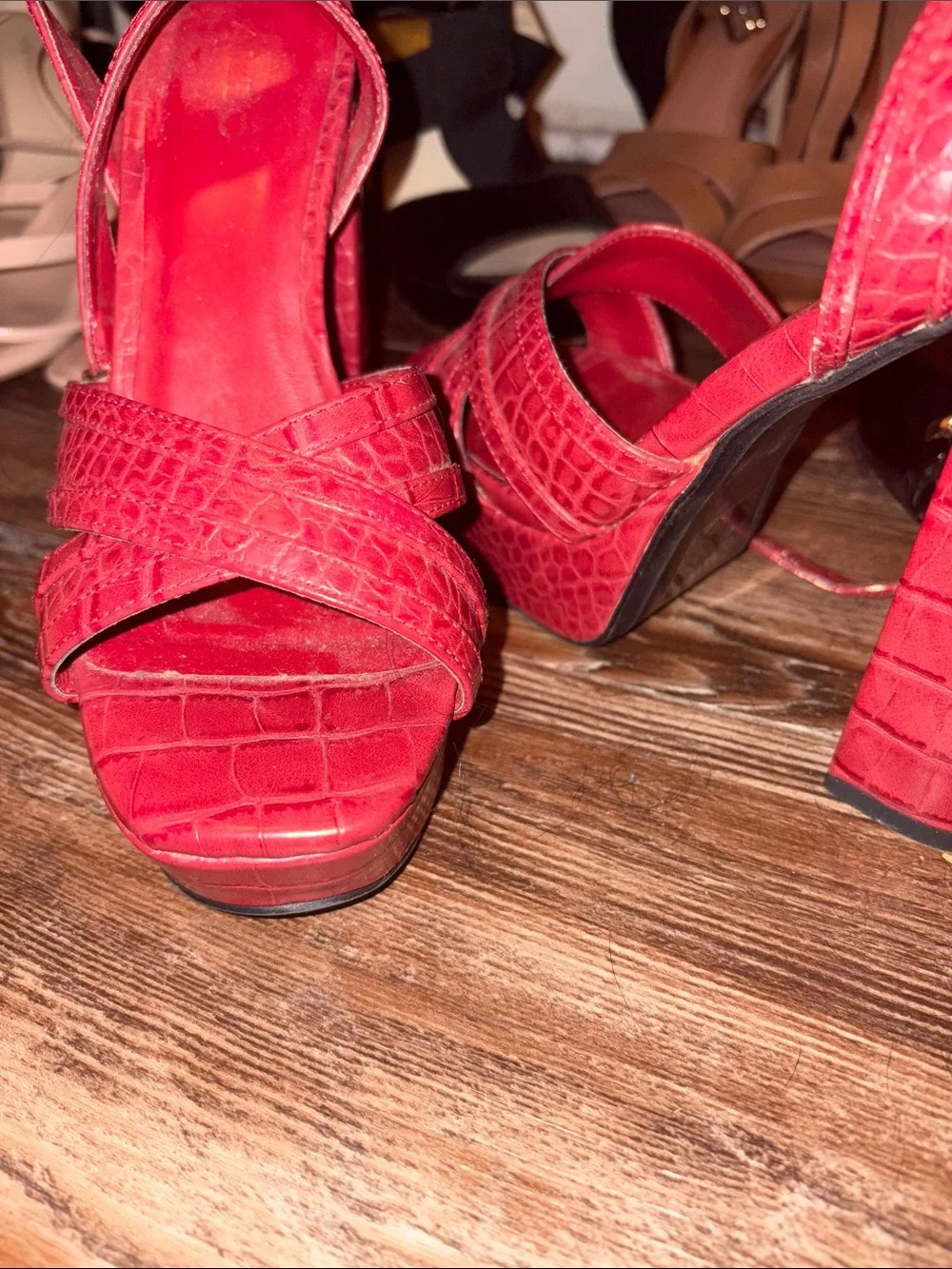 Aldo Red Croc-Embossed Strappy Platform Heels